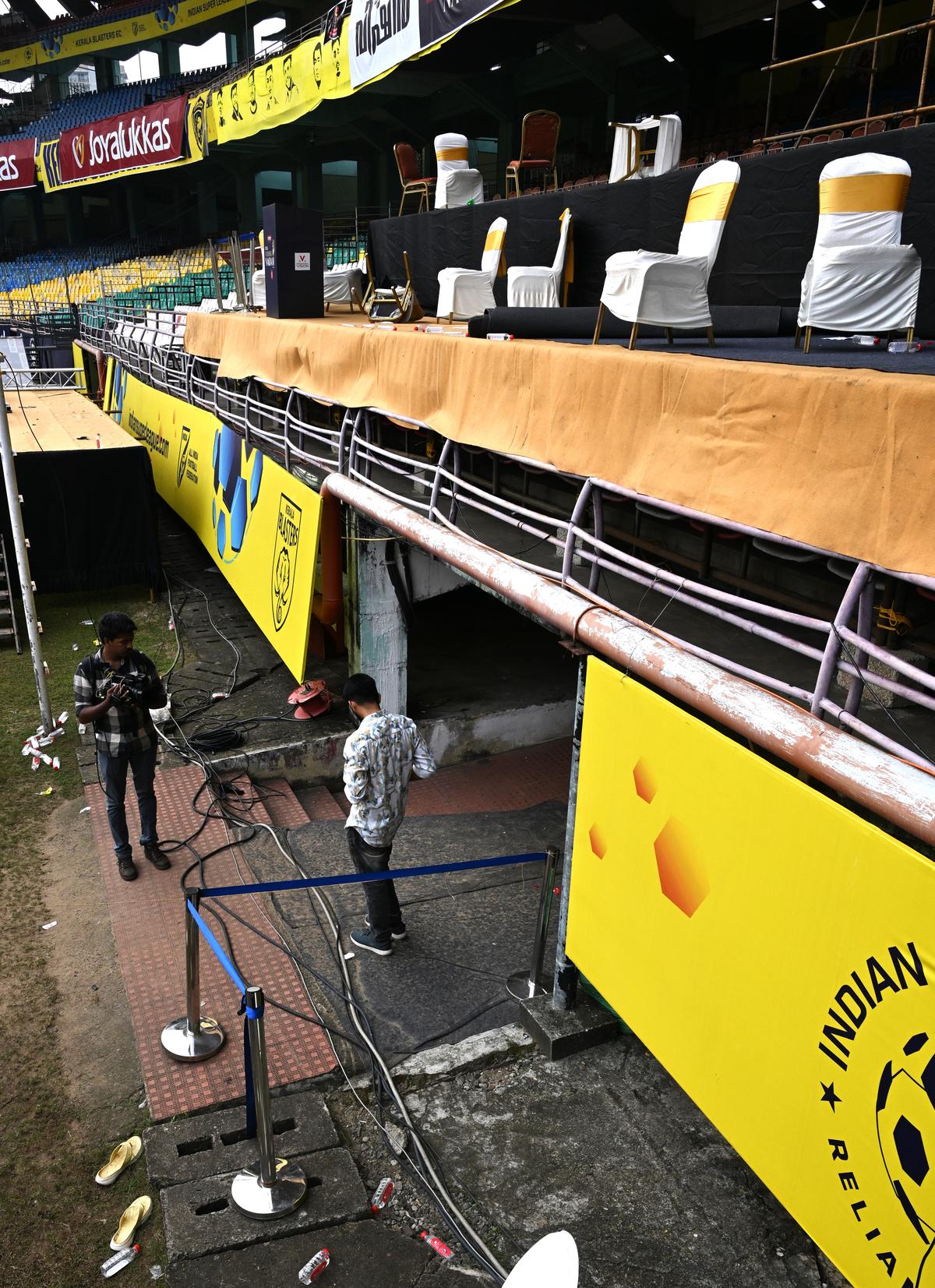 The spot at the Jawaharlal Nehru International Stadium at Kaloor in Kochi where Thrikkakara MLA Uma Thomas met with an accident on Sunday evening. 