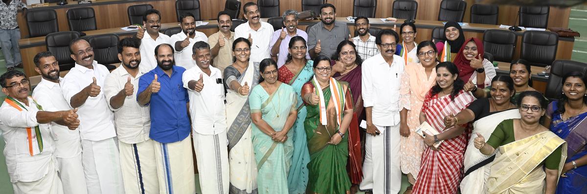 Members of the Kozhikode district panchayat after the swearing-in ceremony in Kozhikode on December 21.