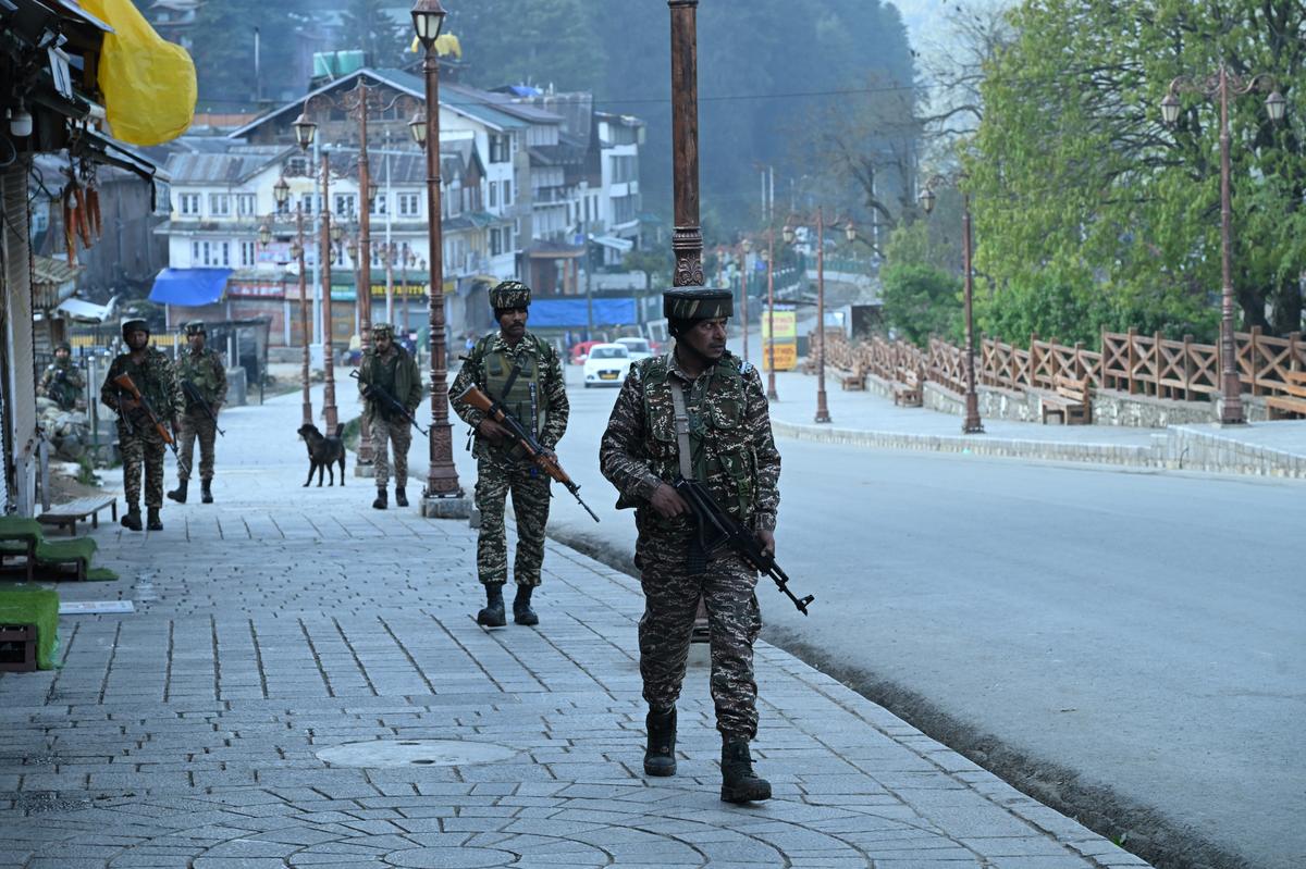 Security personnel patrol in the Pahalgam area of Jammu and Kashmir on April 23, 2025, a day after the terrorist attack. 
