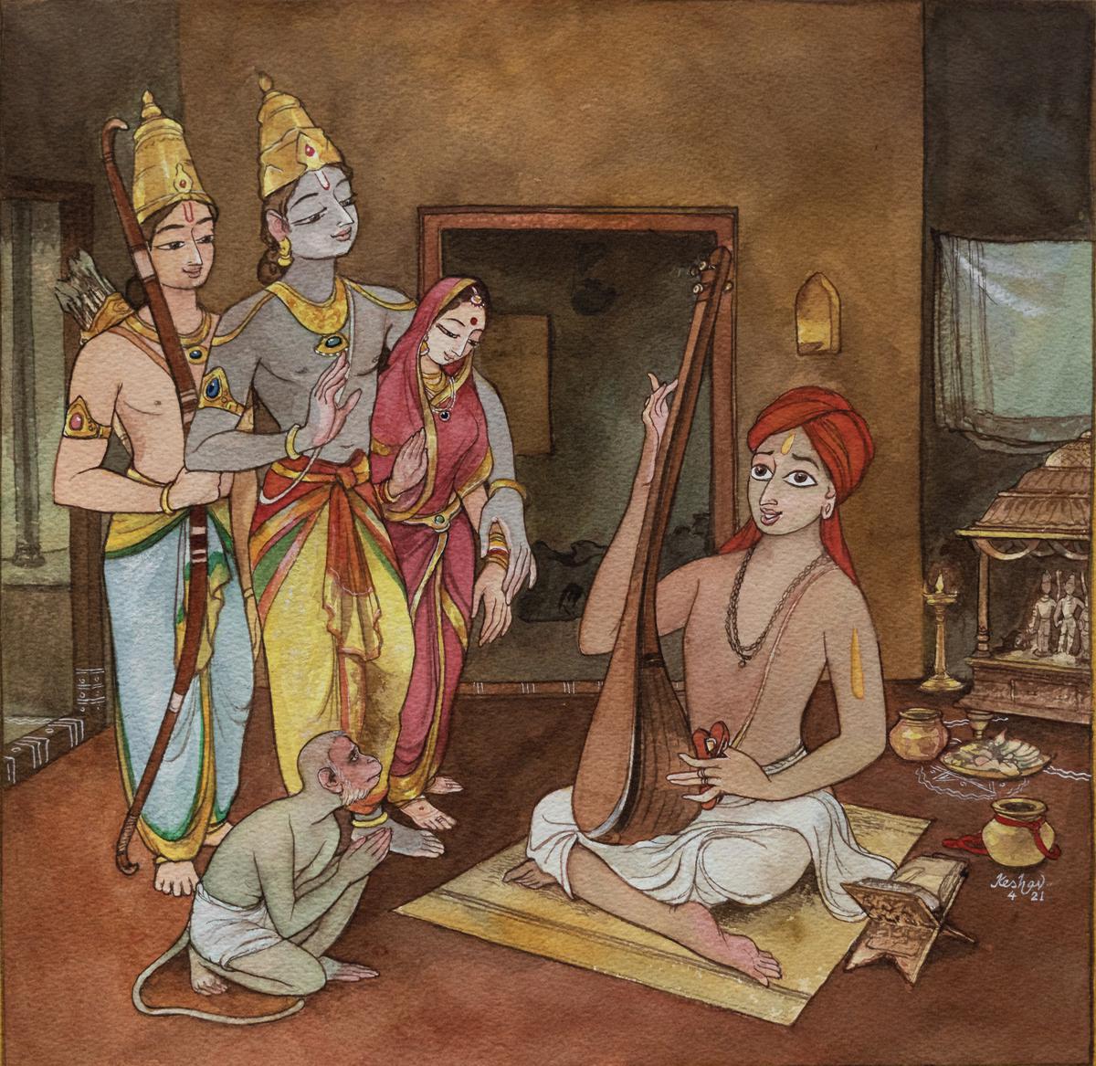 Tyagaraja has the darshan of Sri Rama, Sita, Lakshmana and Hanuman while he composes a kriti