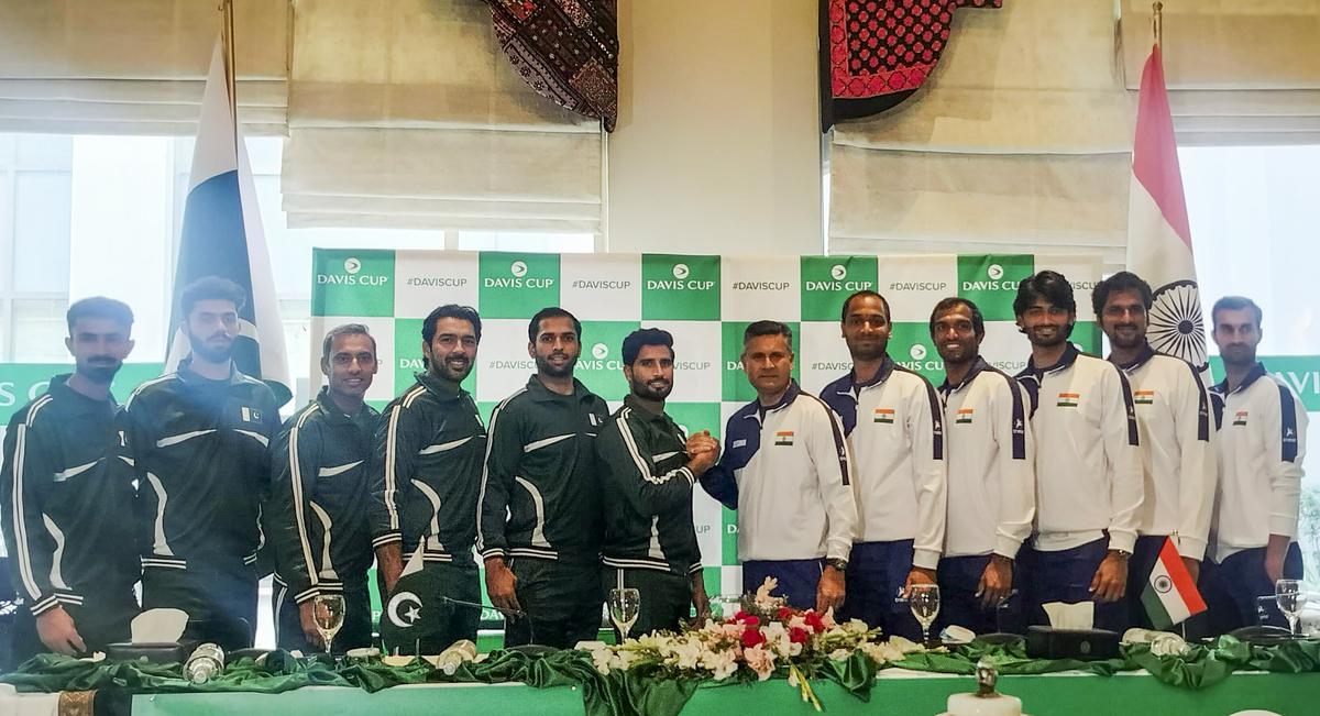 Ramkumar Ramanathan, Pakistan’s Aisam-ul-Haq Qureshi and other players ahead of their Davis Cup match, at Islamabad Sports Complex, on February 2, 2024.