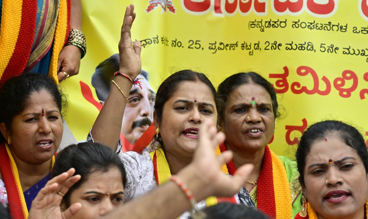 Members of Kannada Raksha Vedike staging a protest in Bengaluru recently against Kamal Haasan for his remarks on the Kannada language and demanding a ban on the release of his film Thug Life in Karnataka. 