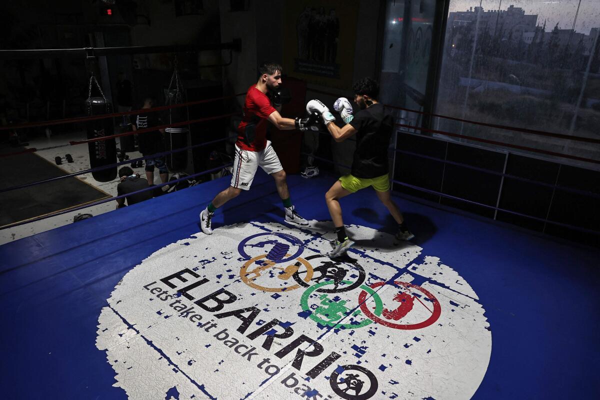 A picture taken on June 22, 2024 shows Palestinian lightweight boxer Wassim Abu Sil (R) sparring at a gym in Ramallah city in the occupied West Bank, as part of his preparations after qualifying for the upcoming 2024 Paris Olympic games