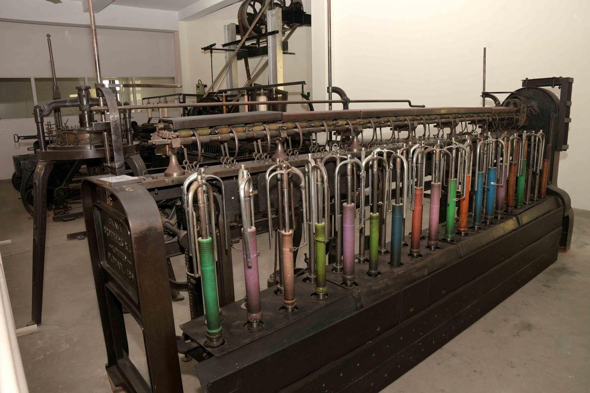 A section on history of textile technology showcases the growth and development of spinning and weaving