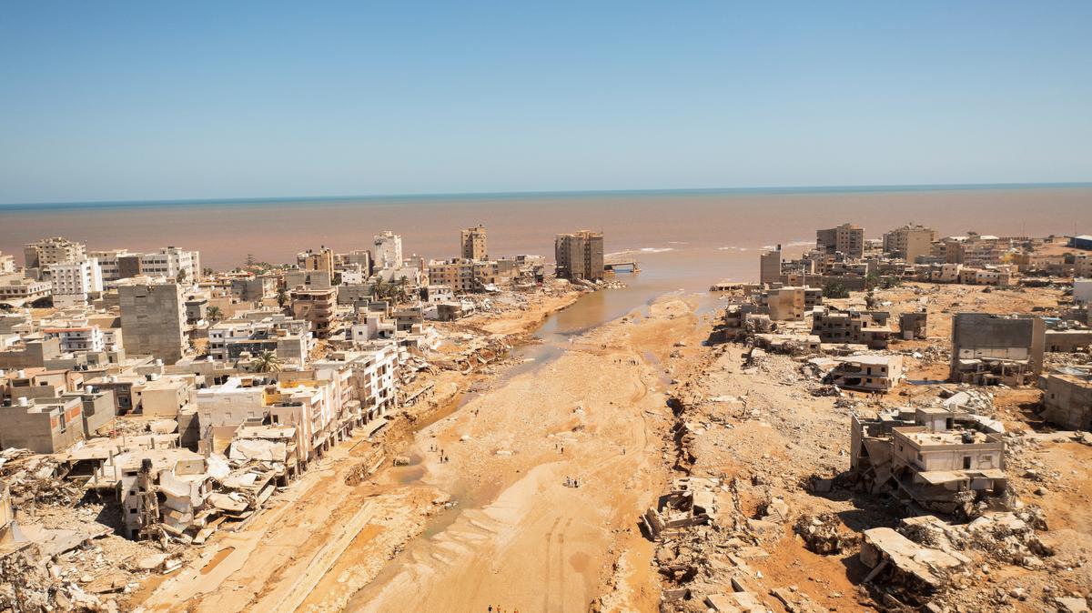 Aerial view of Derna city, in the aftermath of the floods in Derna, Libya on September 14, 2023.