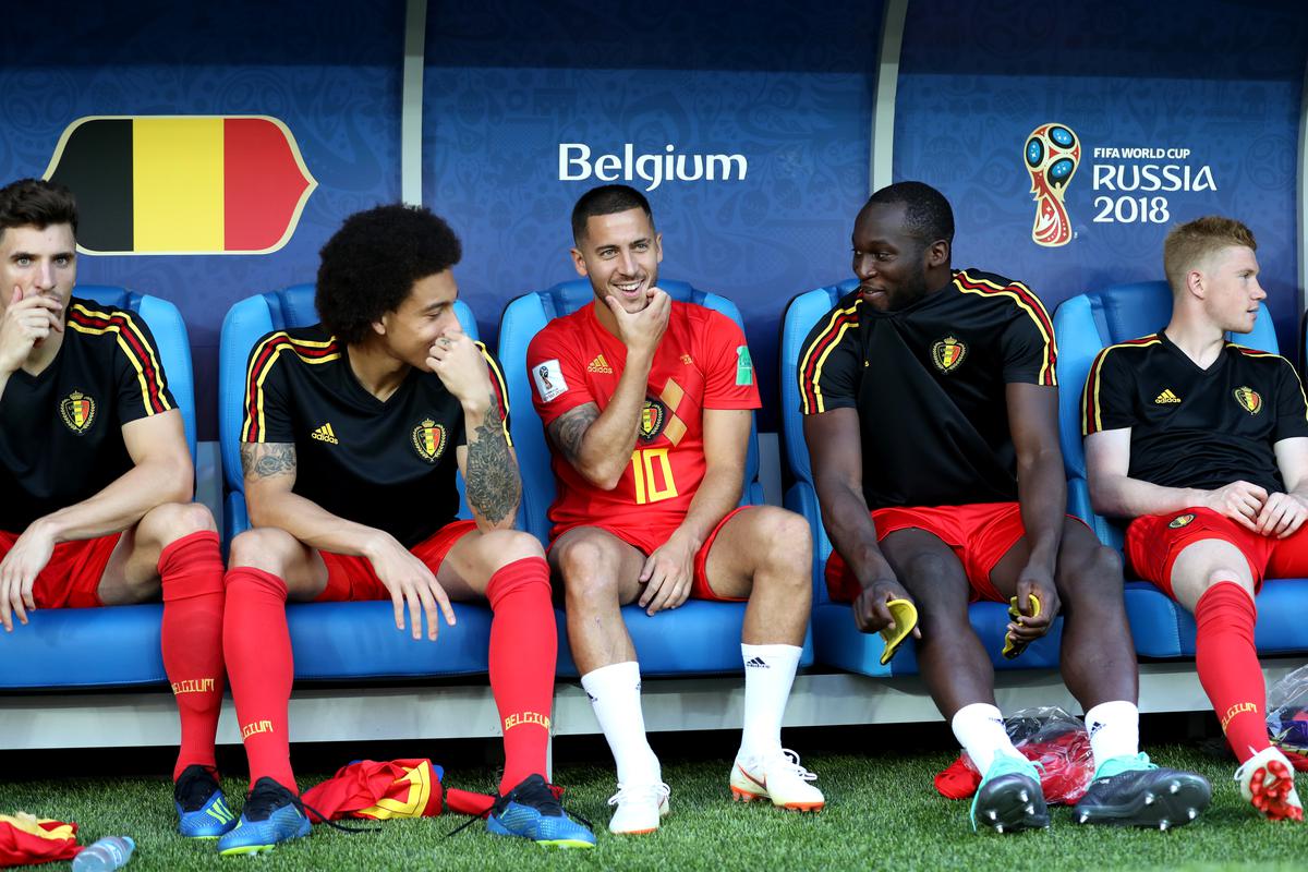 Eden Hazard with Belgium substitutes Axel Witsel, Romelu Lukaku and Kevin De Bruyne during the 2018 FIFA World Cup Russia group G match between England and Belgium at Kaliningrad Stadium on June 28, 2018 in Kaliningrad, Russia