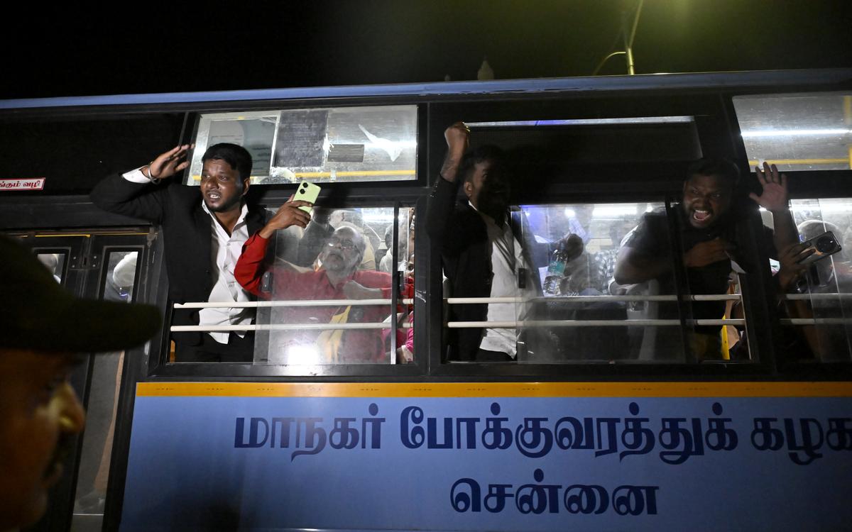 Police detained conservancy workers of the Greater Chennai Corporation who were staging a protest for 13 days outside the Ripon Building in Chennai, on August 14, 2025. Lawyers and law students who supported the protestors were also detained. Police detained conservancy workers of the Greater Chennai Corporation who were staging a protest for 13 days outside the Ripon Building in Chennai, on August 14, 2025. Lawyers and law students who supported the protestors were also detained.