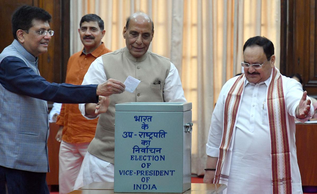 Union Minister for Commerce and Industry Piyush Goyal, Defence Minister Rajnath Singh, and BJP national president J.P. Nadda cast their votes for the election of the Vice-President, at Parliament House.