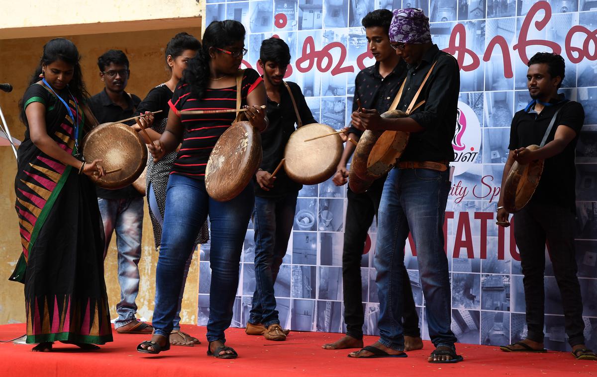 Artistes beating parai at an awareness event in Chennai. 