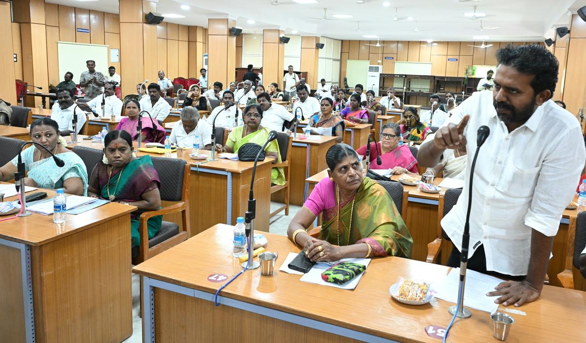 An AIADMK Councillor making his point at the Thoothukudi Corporation Council meeting on Thursday. 