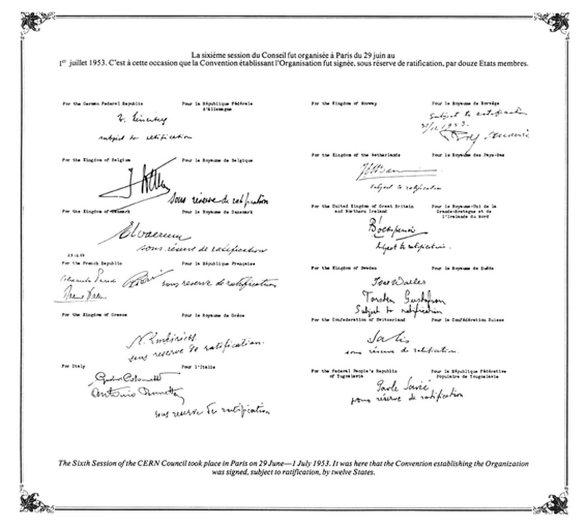 CERN’s convention signed by representatives of the organisation’s twelve founding member states. 