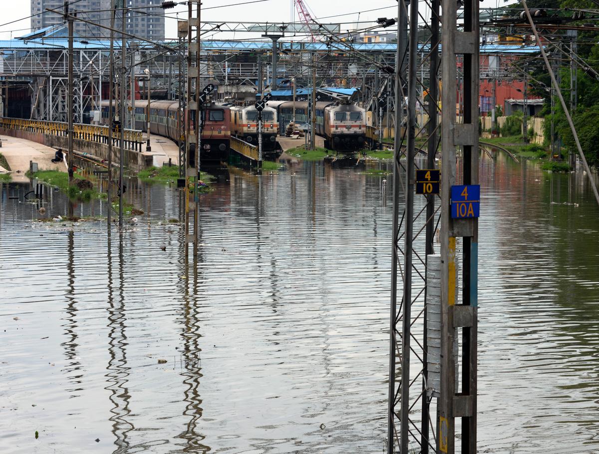 Railway tracks are marooned at Egmore Railway Station in Chennai on December 3, 2015.