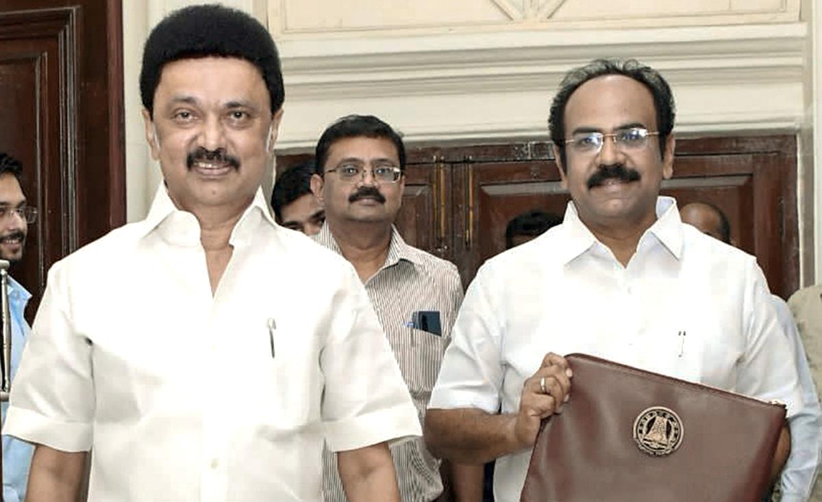 Tamil Nadu Finance Minister Thangam Thennarasu, holding a briefcase containing the documents of the State Budget 2024-25, arrives with Chief Minister M.K. Stalin to present it in the State Assembly