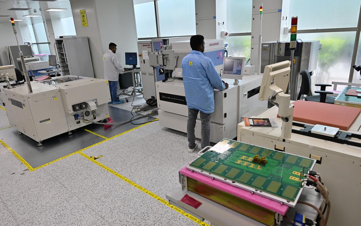 A semiconductor die inspection being conducted in Tessolve Semiconductor in Bengaluru.