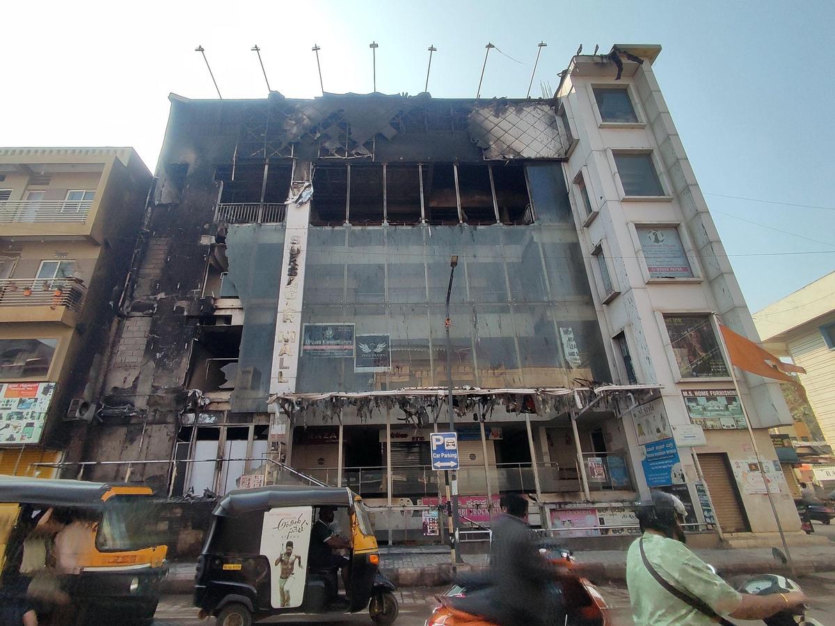 Sukh Sagar shopping complex in Maratha Galli in Hubballi after Fire and Emergency Services personnel doused the fire that broke out on Thursday night.