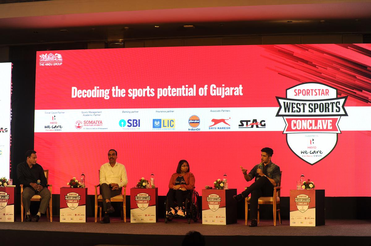 Upendra Fadnis, Ashwini Kumar (Secretary, Sports, Gujarat Government), Bhavina Patel, Paralympic medallist and Gujarat cricketer Manpreet Juneja at the Sportstar West Sports Conclave in Ahmedabad on Saturday.