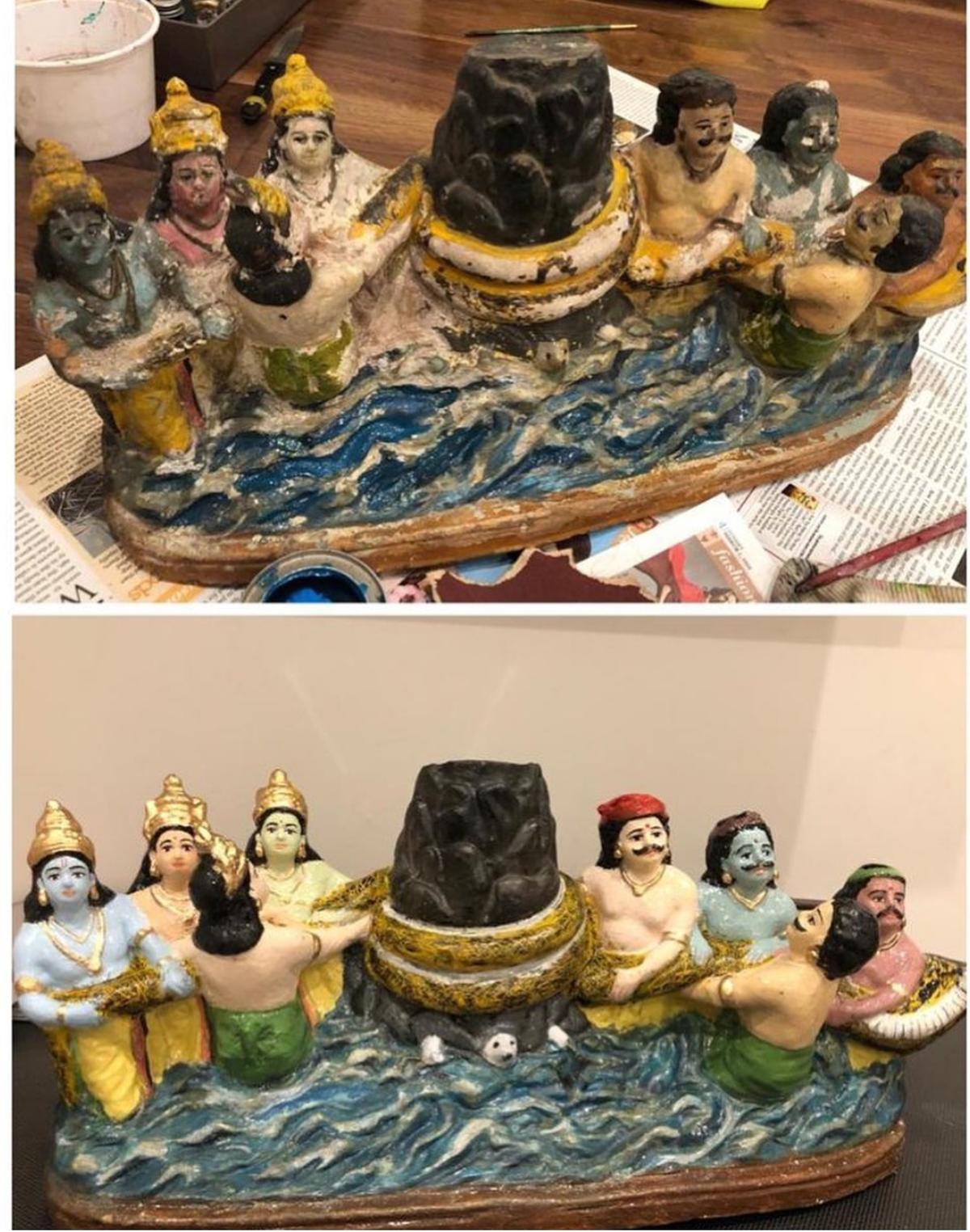 Restoration of a doll depicting “Churning the Milky Ocean”.