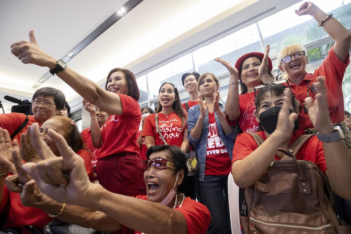 Pheu Thai supporters react during a parliamentary vote on Srettha Thavisin’s prime ministerial candidacy, at the party headquarters in Bangkok, Thailand, on August 22, 2023. 