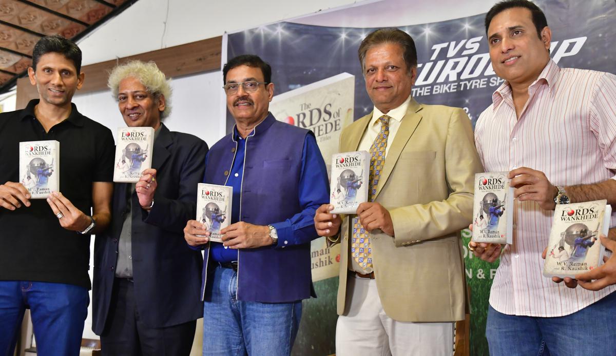 Venkatesh Prasad, R. Kaushik, Dilip Vengsarkar, W.V. Raman, V.V.S. Laxman, at the launch of the book ‘The Lords of Wankhede’ in Bengaluru on October 24, 2023. 