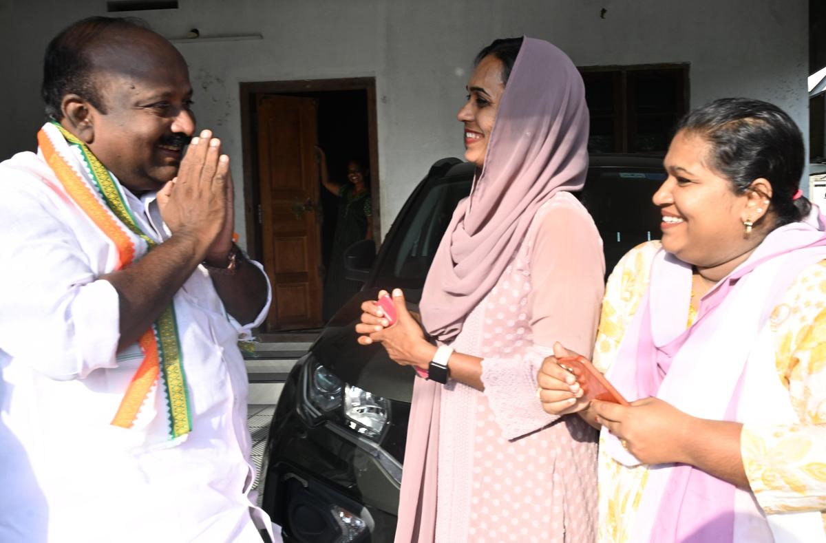 UDF Ernakulam Assembly constituency candidate T.J. Vinod meeting voters.