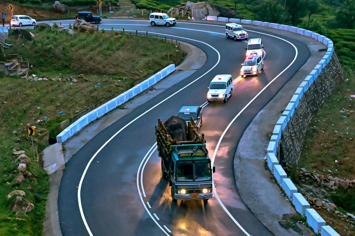 The vehicle carrying Arikompan passes through the Kochi-Dhanushkodi National Highway, on its way to Kumily. 