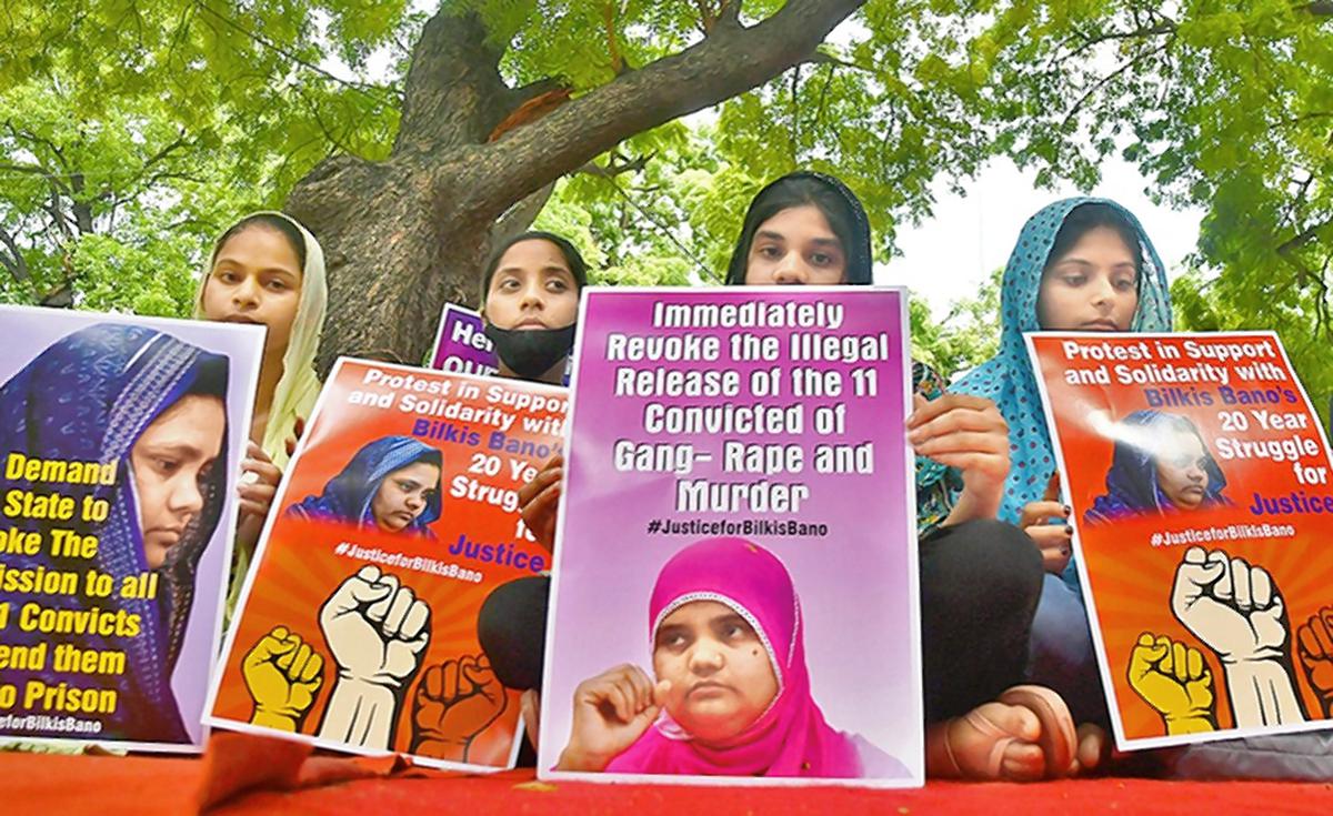 At a protest against remission of sentence given to the convicts of Bilkis Bano’s case, in New Delhi.