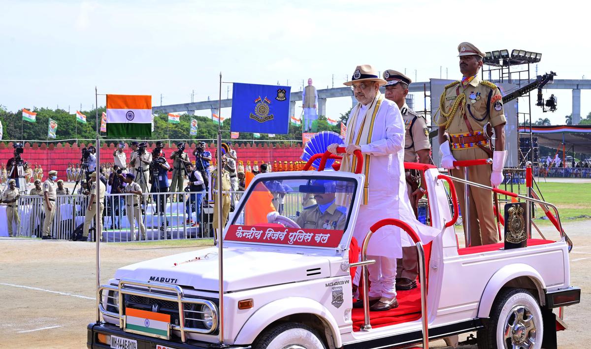 Union Home Minister Amit Shah inspecting the parade during the Hyderabad Liberation Day celebration at Parade Ground, in Hyderabad on Sunday.