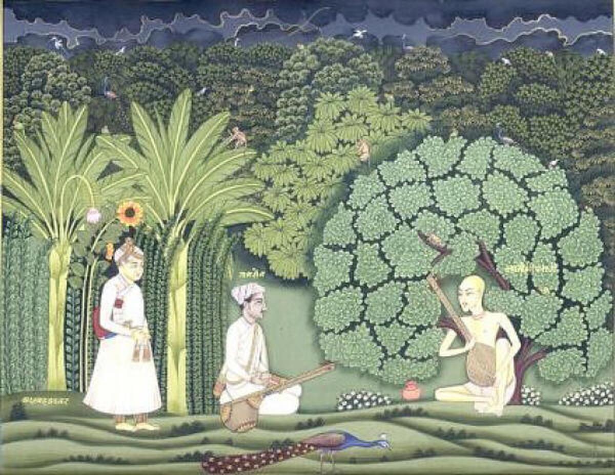 A Mughal miniature of Tansen being taught by Swami Haridas while Akbar watches 