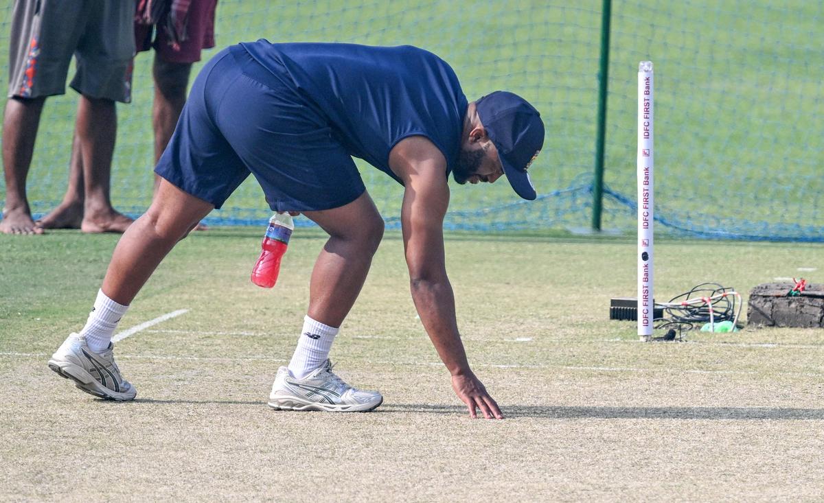 South African captain Temba Bavuma inspecting the pitch during the practice session ahead of the first Test against South Africa, in Kolkata on Thursday, November 13, 2025. 