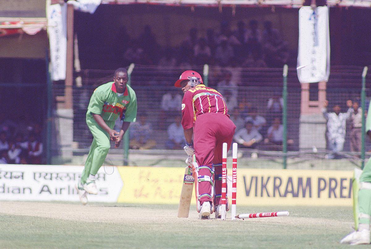 West Indian batsman Sherwin Campbell is clean bowled by Martin Suji in a World Cup cricket match between Kenya and West Indies at Pune, India on February 29, 1996. 