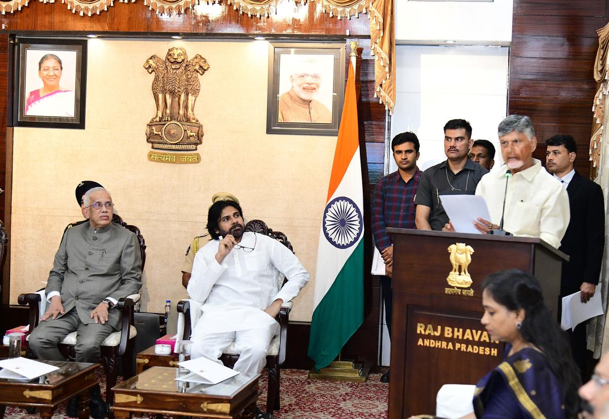 Chief Minister N. Chandrababu Naidu addressing the inter-faith meeting held at Raj Bhavan in Vijayawada on Saturday. Governor S. Abdul Nazeer and Deputy CM K. Pawan Kalyan are seen