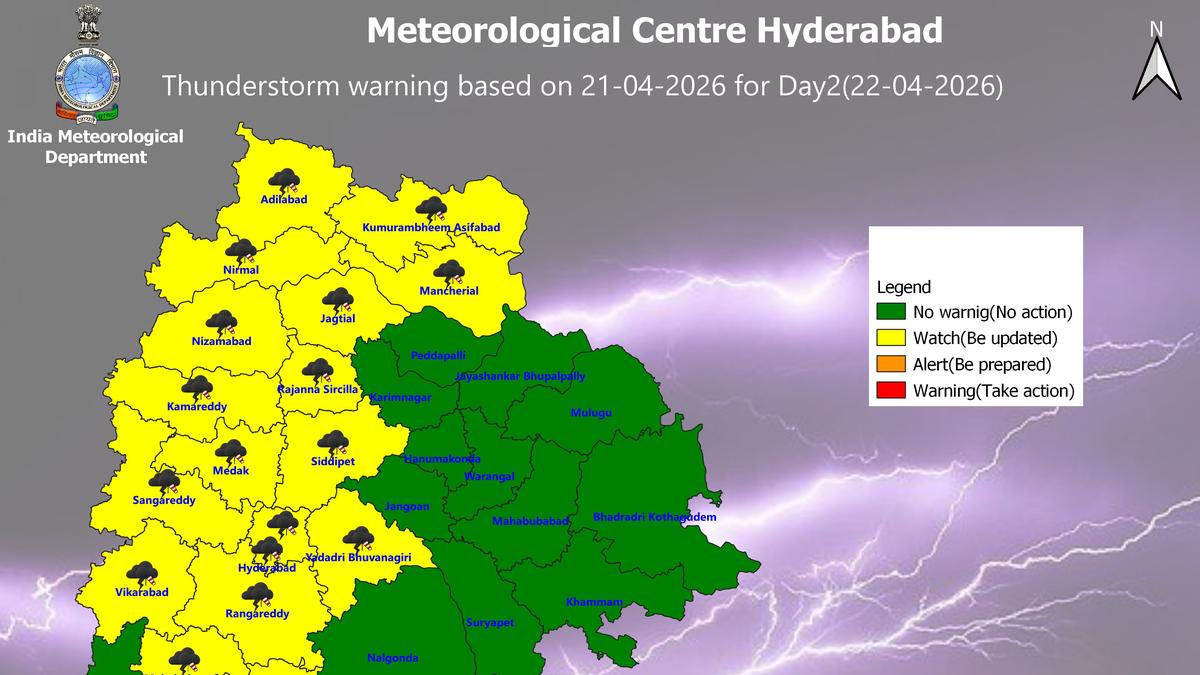 Thunderstorm forecast in 18 Telangana districts on April 22