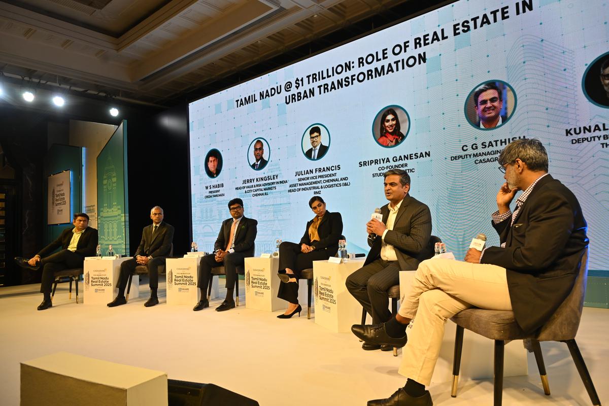 W.S. Habib, President, CREDAI Tamil Nadu, Jerry Kingsley, Head of Value & Risk Advisory in India & City Capital Markets, Chennai JLL, Julian Francis, Senior Vice-President - Asset Management, Chennai, and Head of Industrial & Logistics (I&L) at RMZ, Sripriya Ganesan, Co-founder of Studio Neon Attic, C.G. Sathish, Deputy Managing Director, Casagrand during a session moderated by Kunal Shankar, Deputy Business Editor of The Hindu at The Hindu Tamil Nadu Real Estate Summit 2025 in Chennai on August 5, 2025