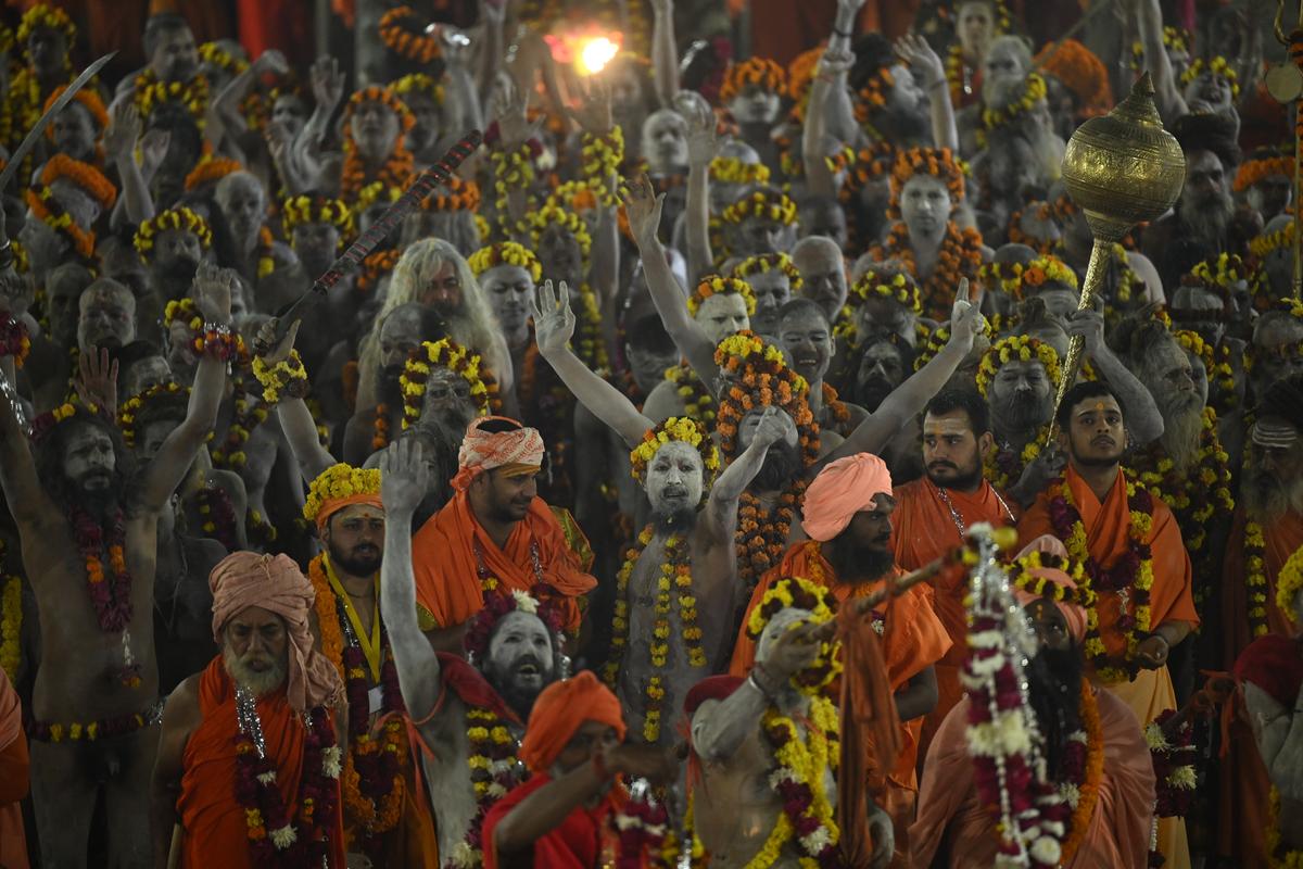 Naga sadhus on the way to Triveni Sangam to take holy dip Amrit Snan on Basant Panchami during Maha Kumbh, in Prayagraj on February 3, 2025.