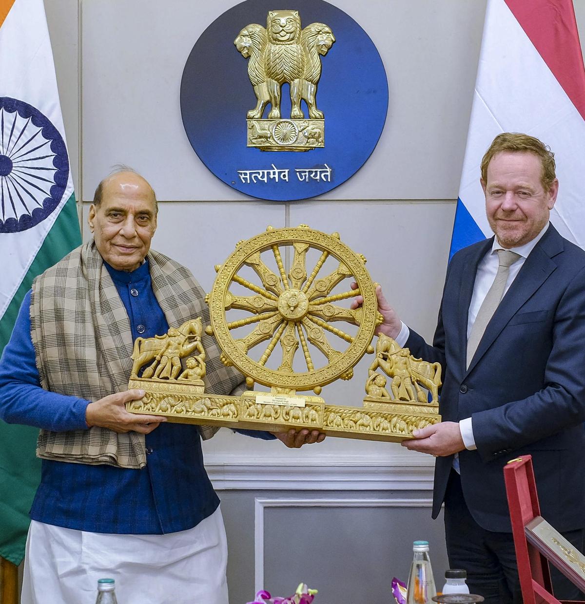 Defence Minister Rajnath Singh with Netherlands Foreign Minister David Van Weel during a meeting, in New Delhi on December 18, 2025. Photo: X/@SpokespersonMoD via PTI.