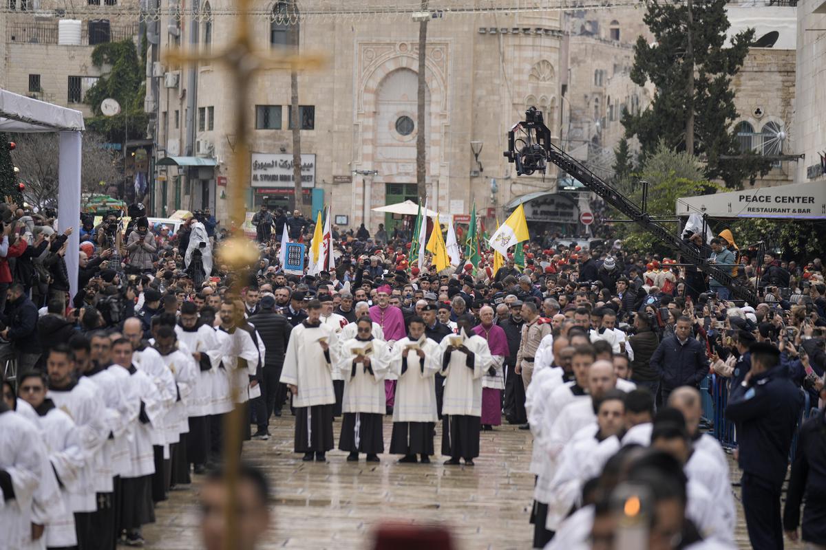 Latin Patriarch Pierbattista Pizzaballa in Manger Square, adjacent to the Church of the Nativity, traditionally believed to be the birthplace of Jesus Christ, in the West Bank town of Bethlehem during Christmas celebrations on Decemeber 24, 2022.