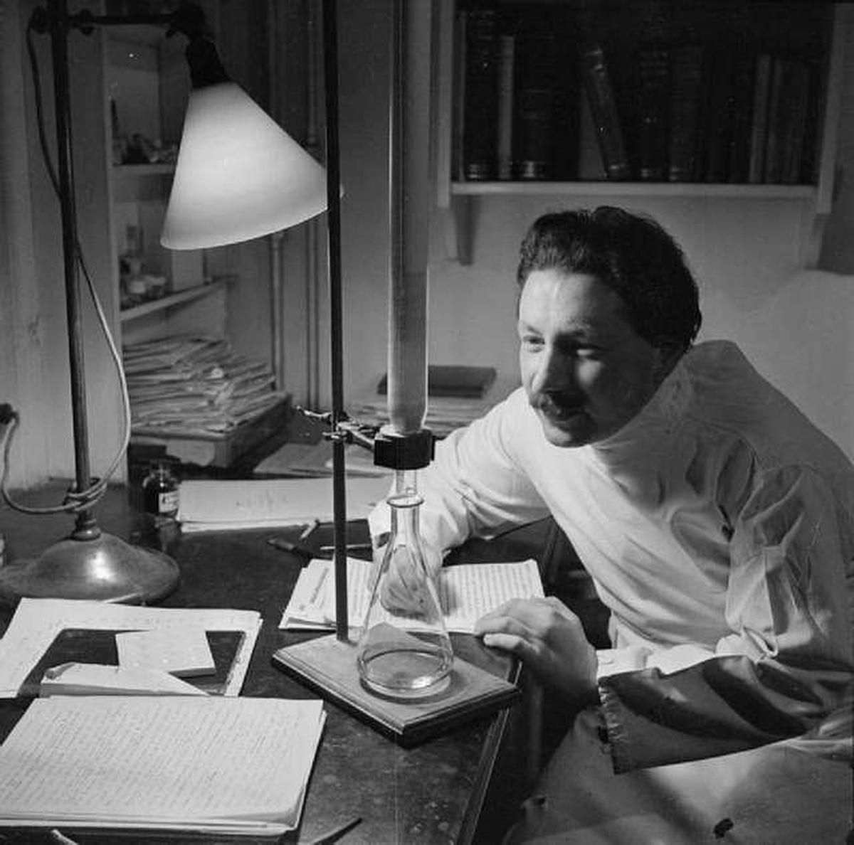 Ernest Chain undertakes an experiment in his office at the School of Pathology at Oxford University. Ernest Chain undertakes an experiment in his office at the School of Pathology at Oxford University.