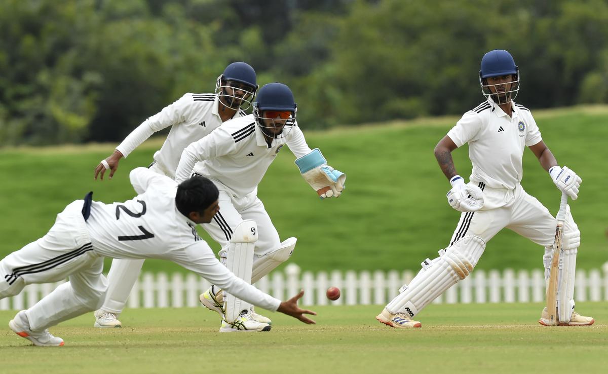 Central Zone’s Danish Malewar attempts a catch of South Zone’s Mohit Kale on the third day of the Duleep Trophy 2025 final. 