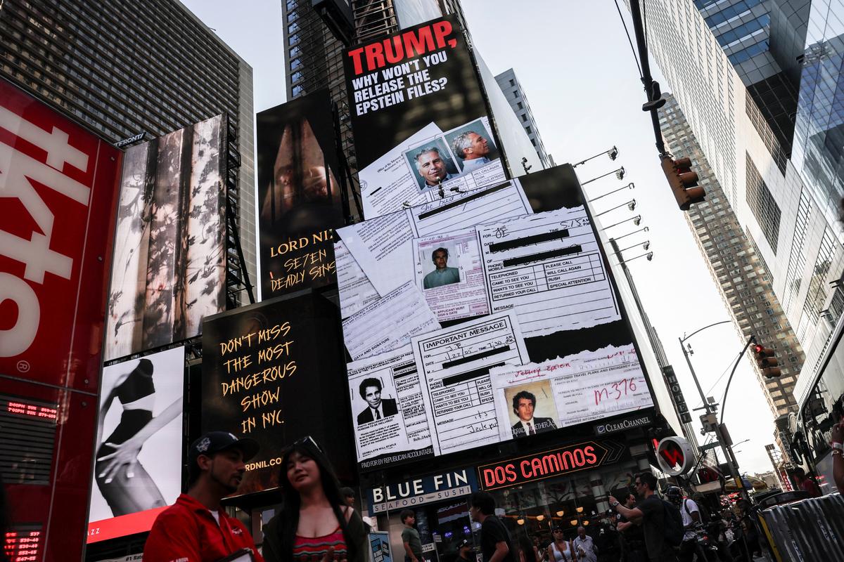 A screen about the Jeffrey Epstein files is displayed at Times Square in New York City, U.S., July 23, 2025. 