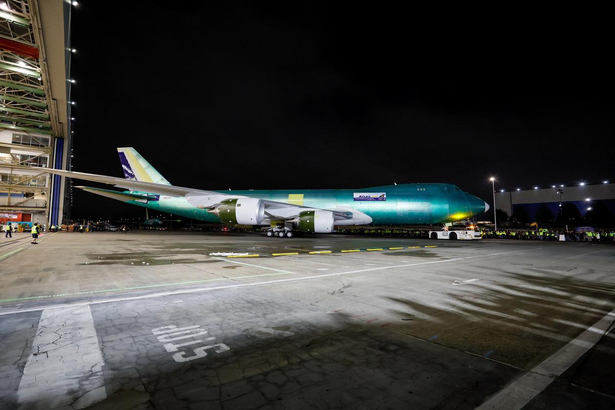 The final Boeing 747 aircraft rolls out of the hangar for the at the Everett factory.