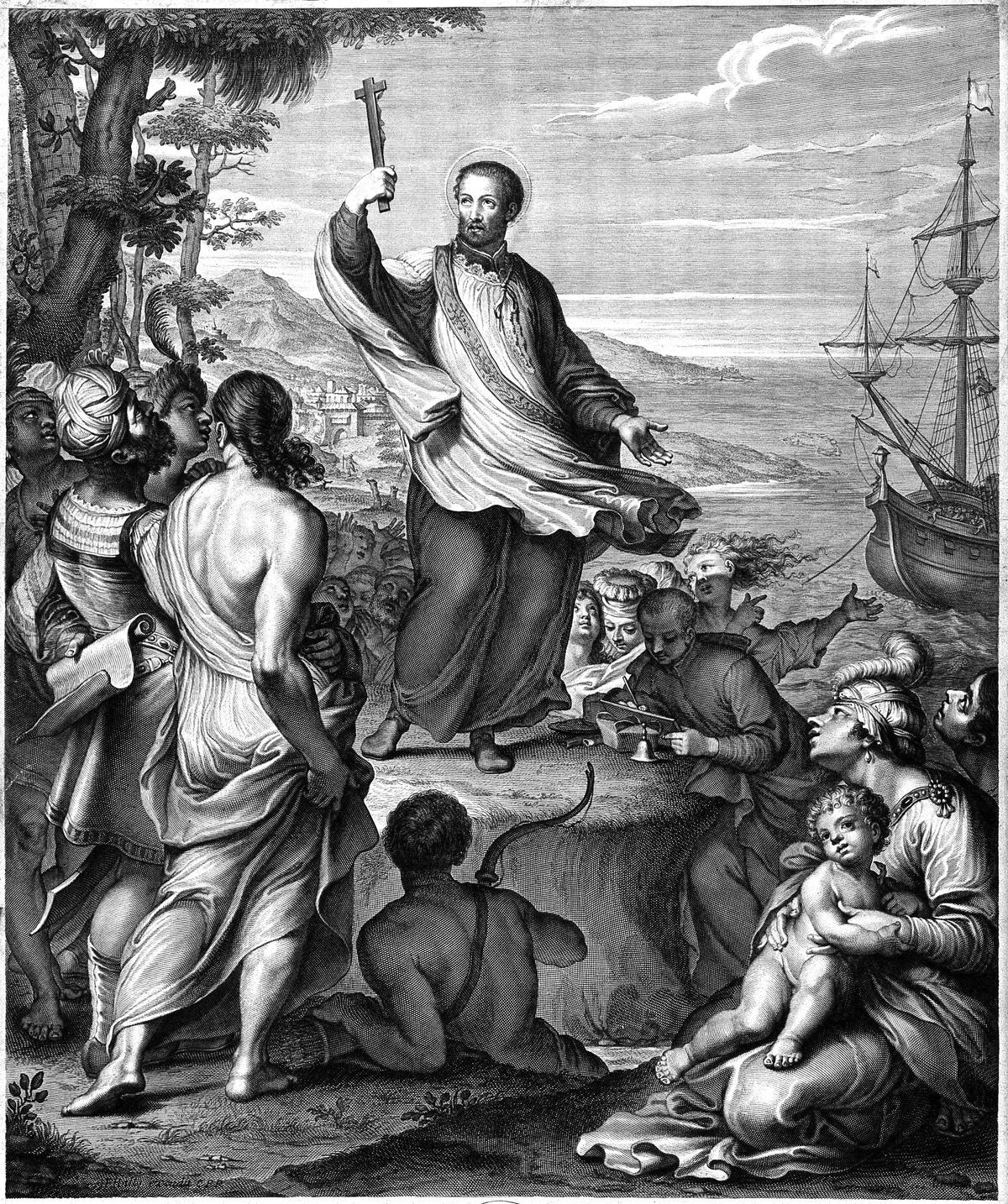 ‘Francis Xavier preaching to Indians, seventeenth-century engraving by G. Edelinck after J. Sourley, from the Wellcome Collection.’