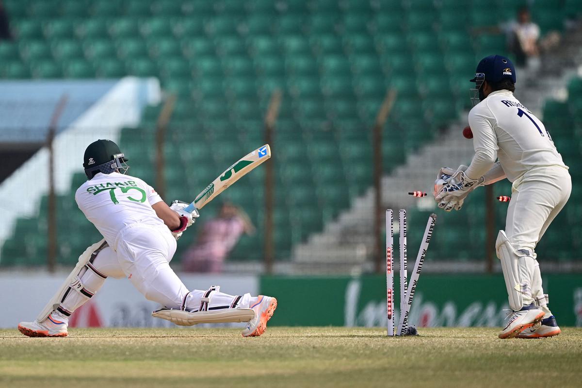 Shakib Al Hasan’s brave innings ends, castled by Kuldeep Yadav.