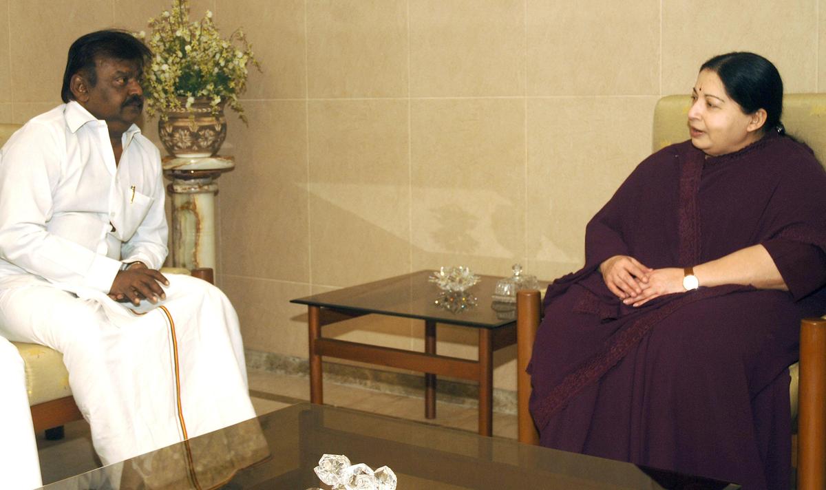 DMDK leader Vijayakant with AIADMK general secretary Jayalalithaa at her residence in Chennai on March 4, 2011 DMDK leader Vijayakant with AIADMK general secretary Jayalalithaa at her residence in Chennai on March 4, 2011