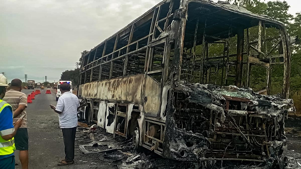 Private travels bus gutted in fire near Rajupalem, all passengers escape safely