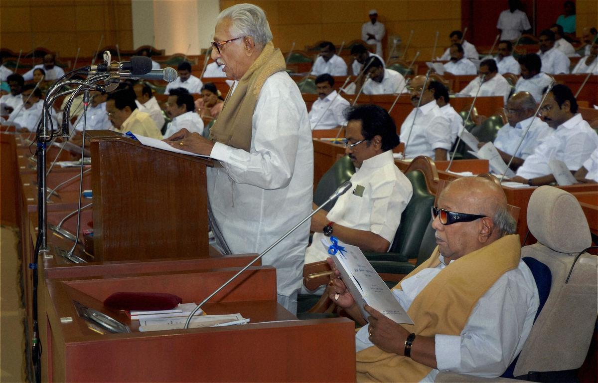 Finance Minister K. Anbazhagan presenting the interim Budget in the State assembly in Chennai