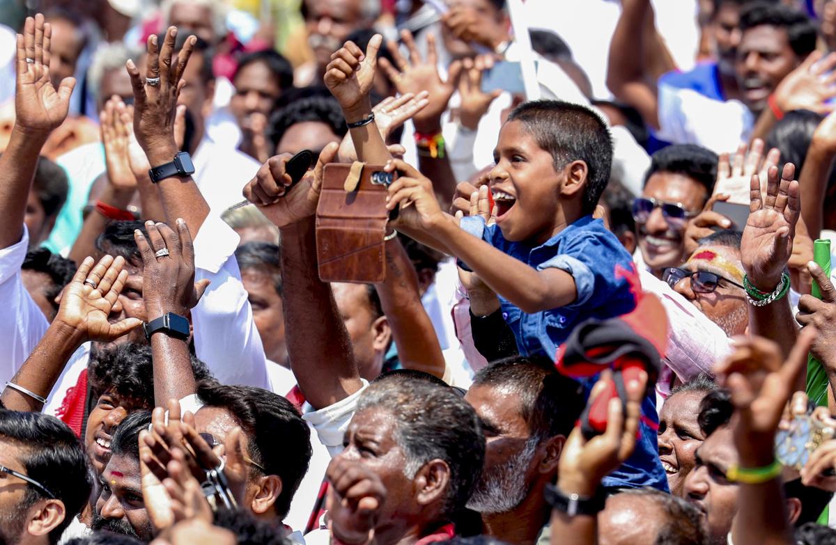 Crowds gather during a campaign for the upcoming Assembly elections in Tiruvannamalai, March 31, 2026.