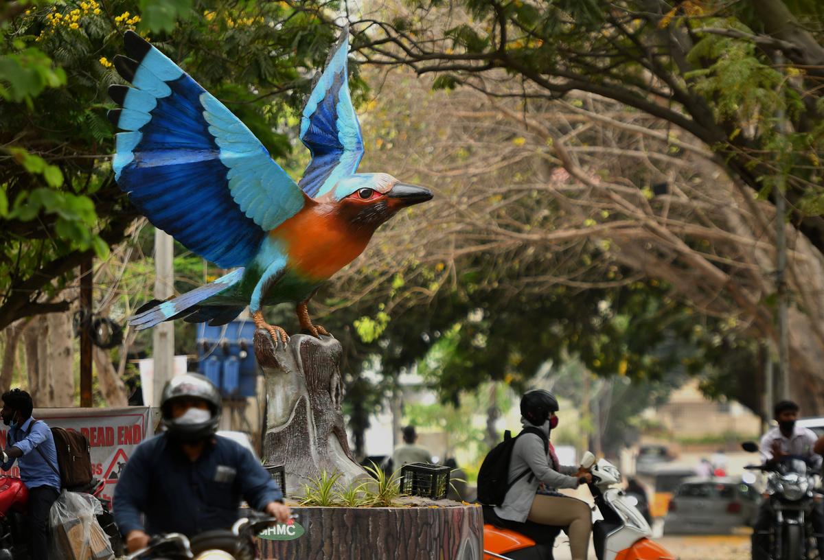 Uma instalação do Indian Roller, chamado Palapitta na linguagem de Telugu, chama a atenção dos transeuntes em Jubilee Hills, Hyderabad. 