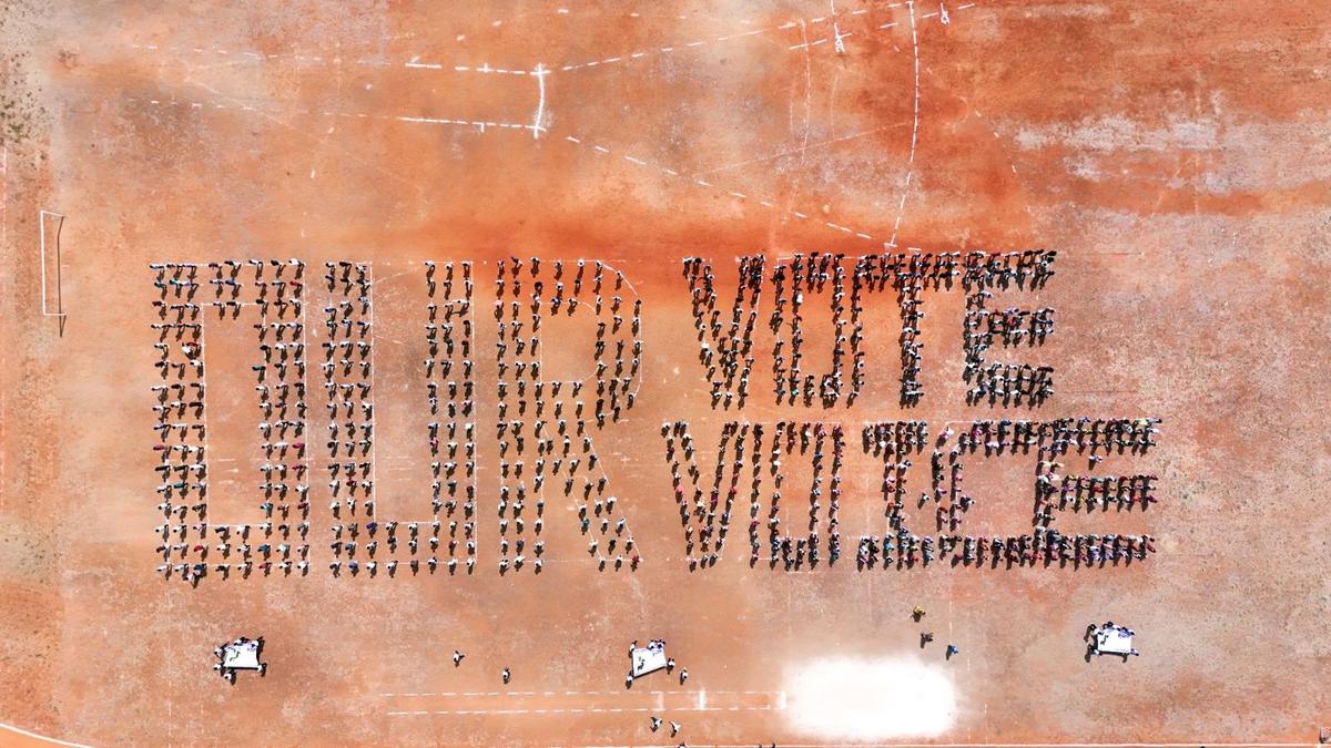 Young voters form human words to spread voter awareness in Virudhunagar