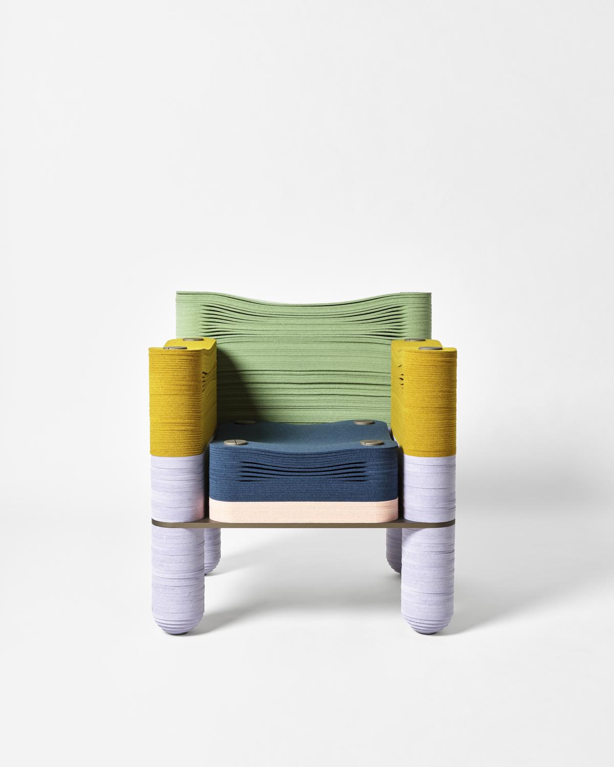 Armchair in 100% upcycled felted Merino wool, recycled PET and post-consumer aluminium.