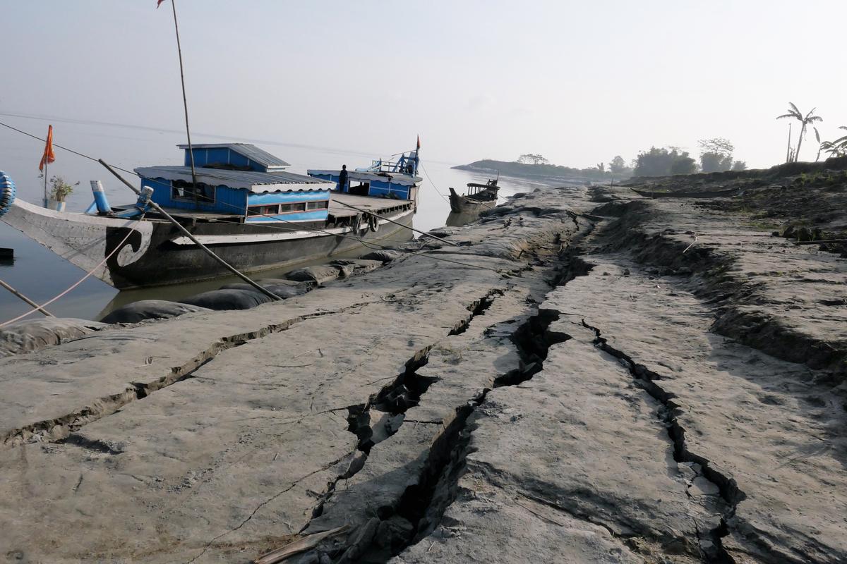 Ferry jetty at Salmora, Majuli, with cracks on the soil, a clear sign of impending erosion.